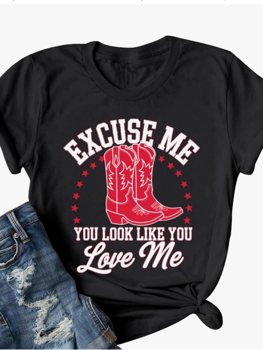 Graphic Tee with Red Cowboy Boots & Slogan SzL Country Festival Linedancing NWOT